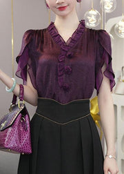 Unique Purple V Neck Ruffled Shirts Short Sleeve