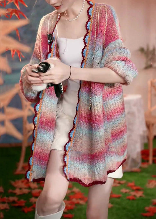 Unique Rainbow Color Zircon Hollow Out Patchwork Knit Cardigan Fall