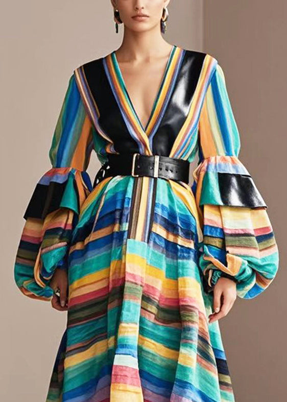 Unique Rainbow Striped Patchwork Cotton Cinched Dresses Lantern Sleeve