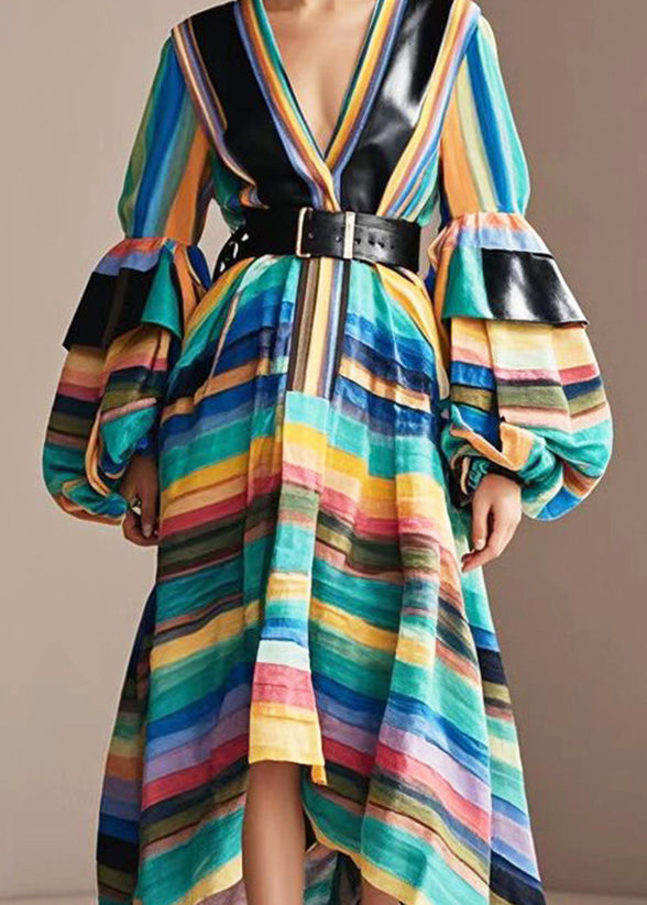 Unique Rainbow Striped Patchwork Cotton Cinched Dresses Lantern Sleeve