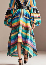 Unique Rainbow Striped Patchwork Cotton Cinched Dresses Lantern Sleeve