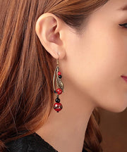 Unique Red Coloured Glaze Black Agate Gem Stone Leaf Drop Earrings