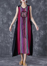 Unique Red Embroideried Patchwork Tasseled Linen Dress Sleeveless