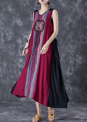 Unique Red Embroideried Patchwork Tasseled Linen Dress Sleeveless