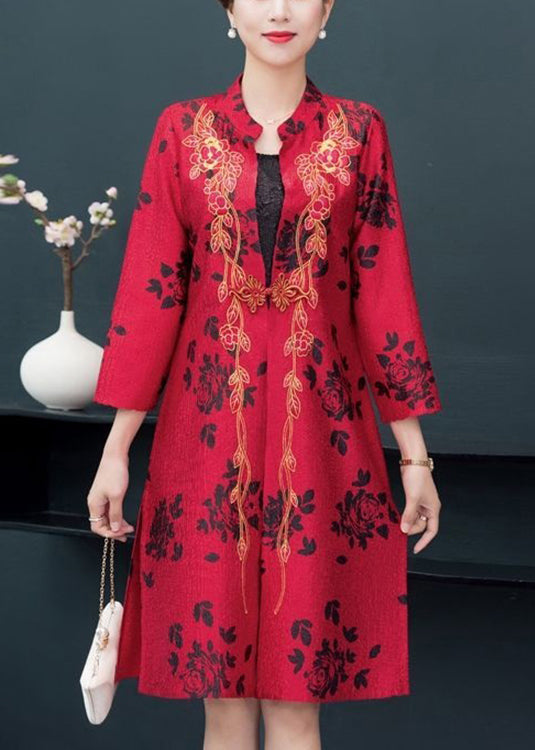 Unique Red Embroideried Side Open Patchwork Thin Silk Coat Fall