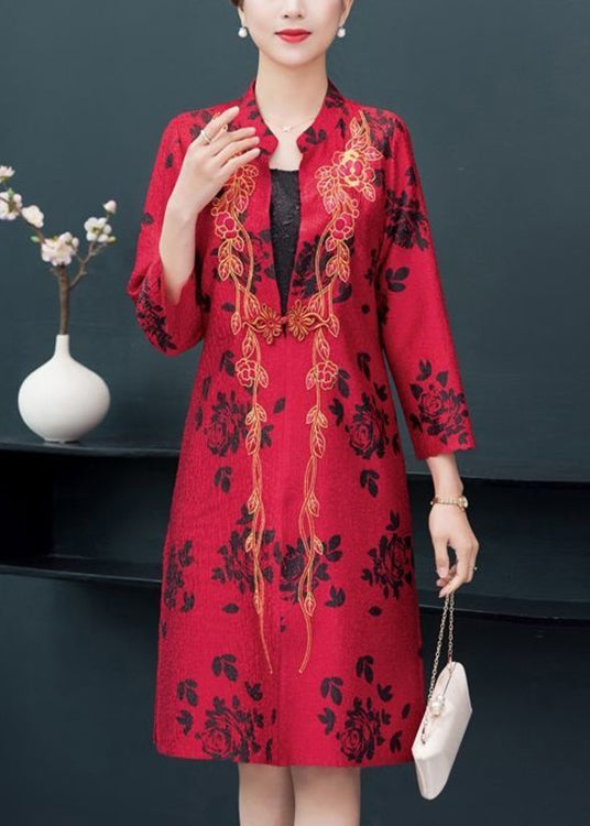 Unique Red Embroideried Side Open Patchwork Thin Silk Coat Fall