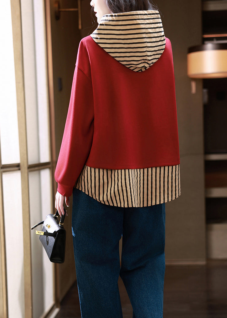 Unique Red Hooded Patchwork False Two Pieces Cotton Top Fall