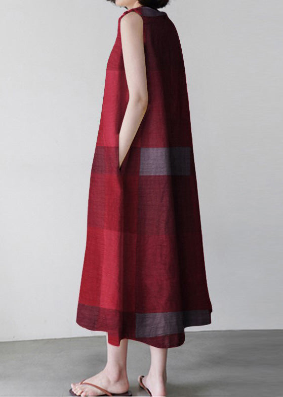 Unique Red O-Neck Plaid Maxi Dress Sleeveless