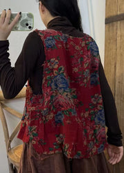 Unique Red O Neck Print Patchwork Cotton Waistcoat Sleeveless