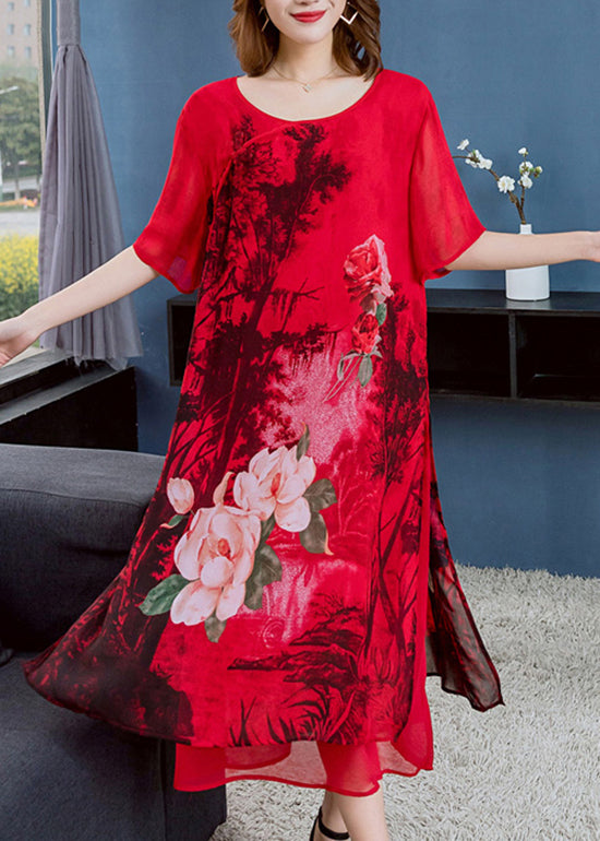 Unique Red O Neck Print Side Open Patchwork Chiffon Dress Summer