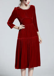 Unique Red O Neck Zircon Patchwork Silk Velour Dresses Spring