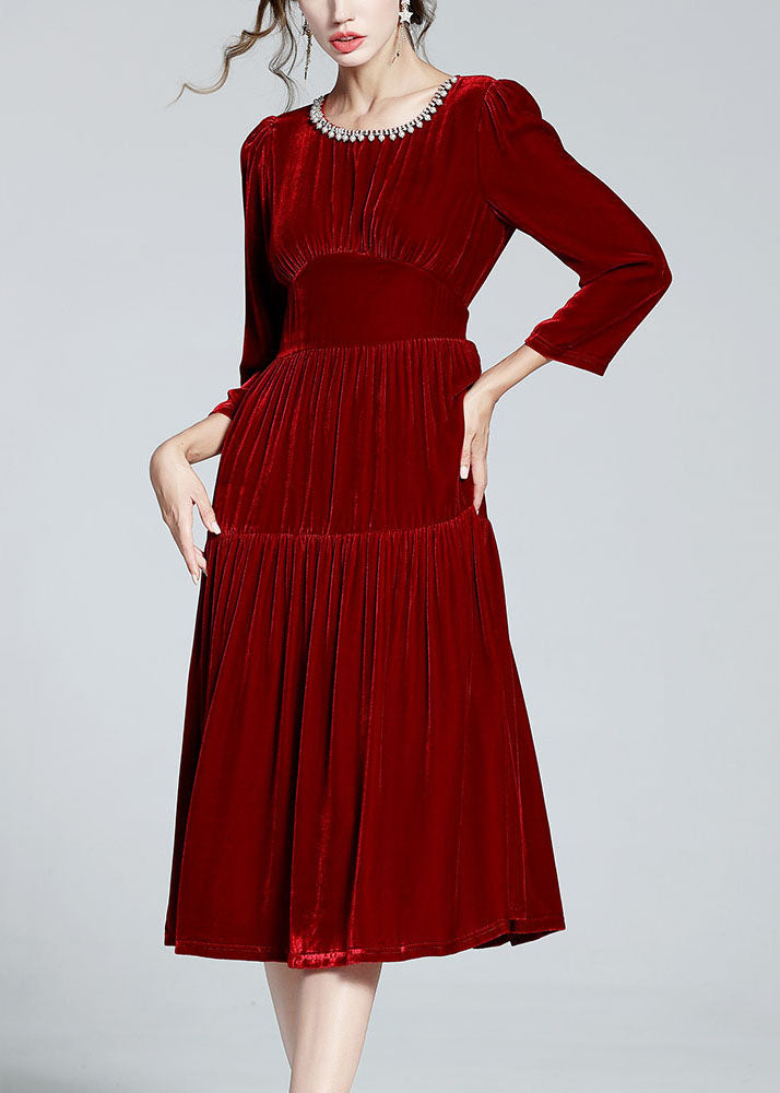 Unique Red O Neck Zircon Patchwork Silk Velour Dresses Spring