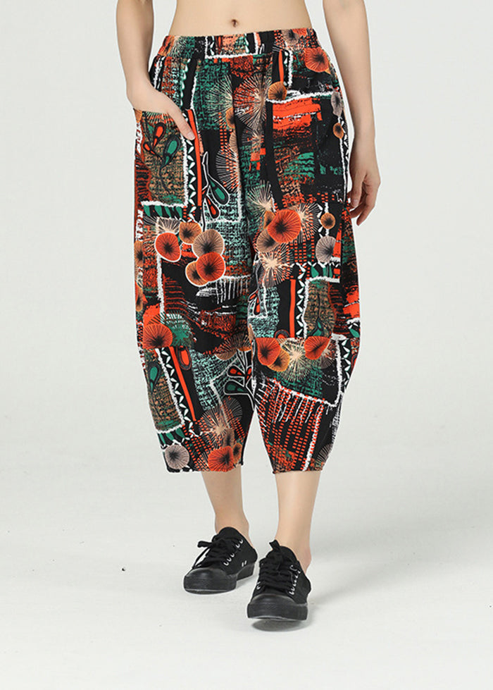 Unique Red Oversized Print Pockets Cotton Harem Pants Summer