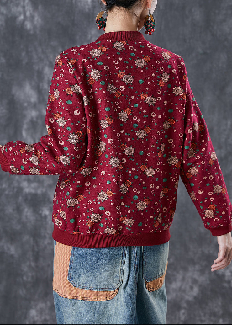 Unique Red Oversized Print Warm Fleece Jackets Winter