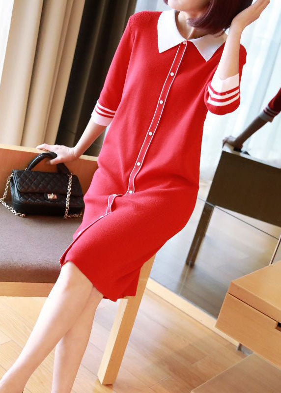 Unique Red Peter Pan Collar Button Knit Dresses Half Sleeve