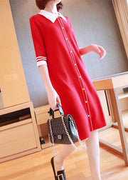 Unique Red Peter Pan Collar Button Knit Dresses Half Sleeve