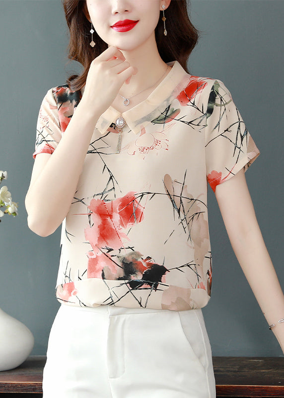 Unique Red Peter Pan Collar Print Chiffon Shirt Tops Summer