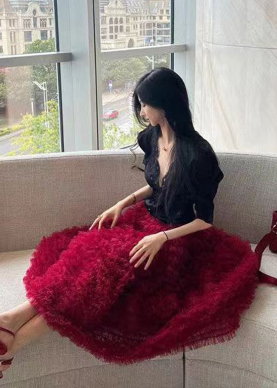 Unique Red Ruffled Elastic Waist Tulle Skirt Spring