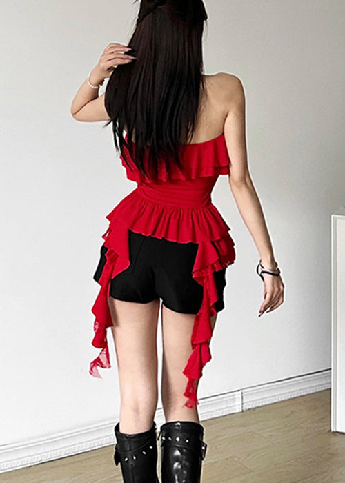 Unique Red Slash Neck Lace Up Cotton Tops Sleeveless