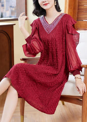 Unique Red V Neck Embroidered Ruffled Tulle Patchwork Zircon Mid Dresses Long Sleeve