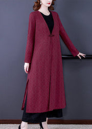 Unique Red V Neck Jacquard Side Open Silk Coats Long Sleeve