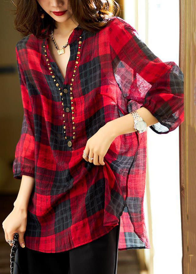 Unique Red V Neck Plaid Patchwork Chiffon Shirt Tops Spring