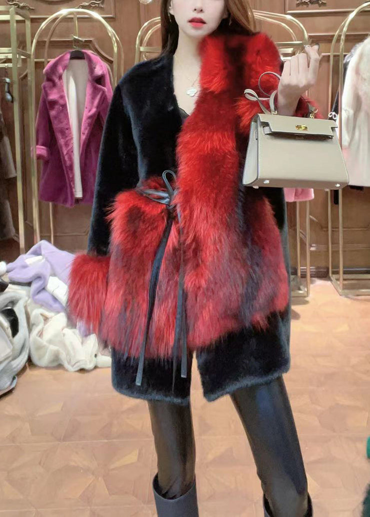 Unique Red V Neck Tie Waist Thick Mink Velvet Coats Winter