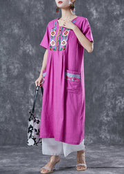 Unique Rose Embroideried Pockets Linen Holiday Dress Summer