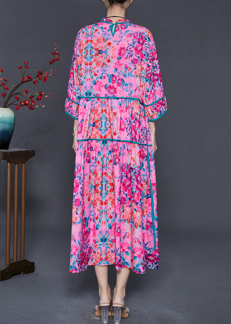 Unique Rose Oversized Print Silk Maxi Dress Bracelet Sleeve