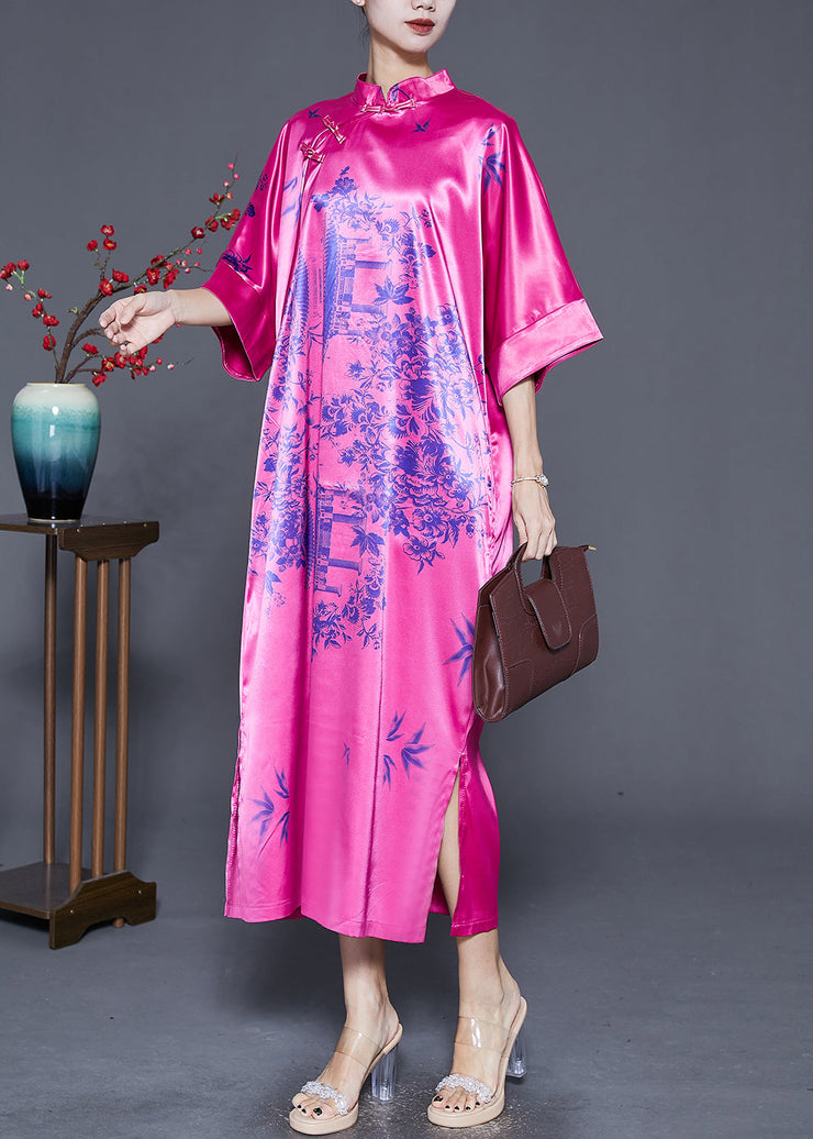 Unique Rose Print Silk Chinese Style Cheongsam Dress Summer