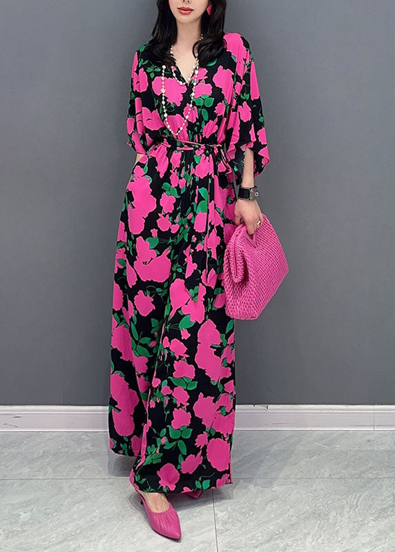 Unique Rose V Neck Print Patchwork Chiffon Jumpsuits Summer