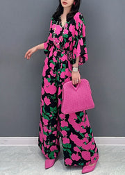 Unique Rose V Neck Print Patchwork Chiffon Jumpsuits Summer