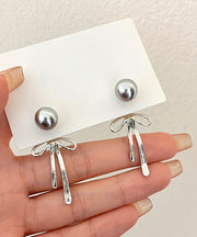 Unique Silk Sterling Silver Metal Pearl Bow Drop Earrings