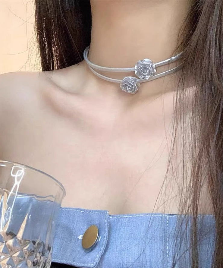 Unique Silk Sterling Silver Rose Bilayer Choker