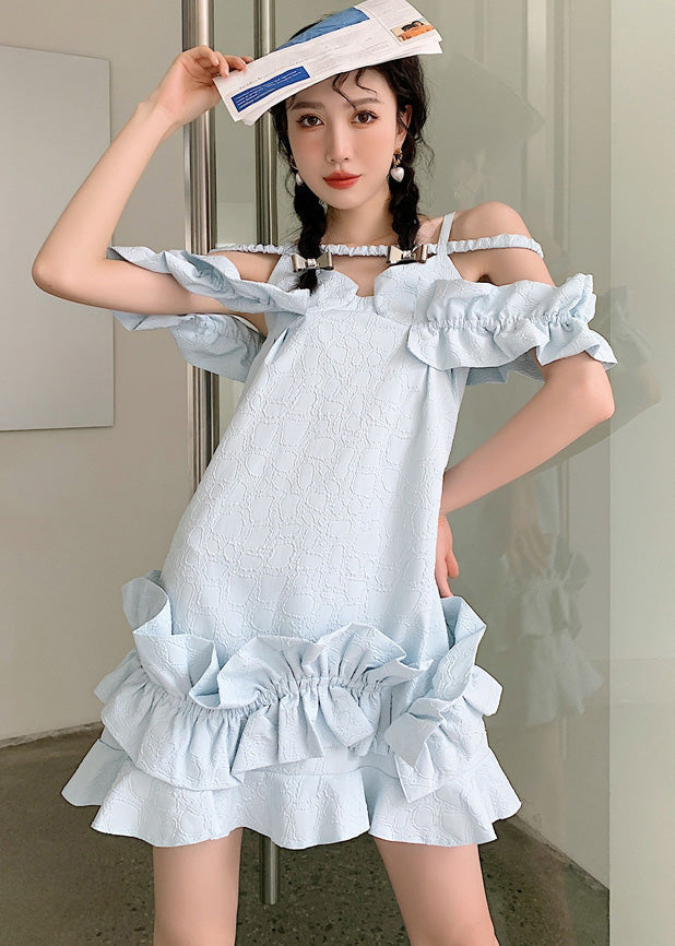 Unique Sky Blue Ruffled Jacquard Patchwork Cotton Holiday Dress Summer