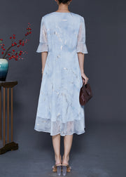 Unique Sky Blue Sequins Wrinkled Jacquard Chiffon Dress Summer