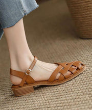 Unique Splicing Chunky Sandals Brown Faux Leather Hollow Out