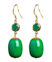 Unique Sterling Silver Overgild Dry Green Jade Drop Earrings