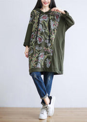 Unique Tea Green Hooded Print Cotton Shift Dress Spring