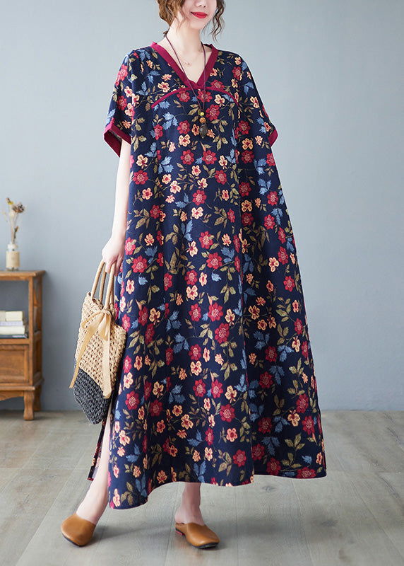 Unique V Neck Print Long Dress Short Sleeve