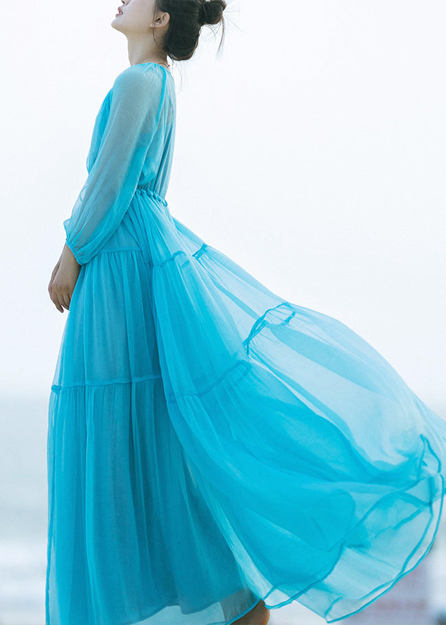 Unique Water Blue Patchwork Wrinkled Solid Chiffon Maxi Dresses Long Sleeve