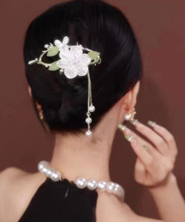 Unique White Alloy Zircon Pearl Jade Floral Tassel Hairpin