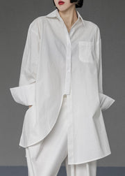 Unique White-texture Asymmetrical Design Side Open Cotton Long Shirts Spring