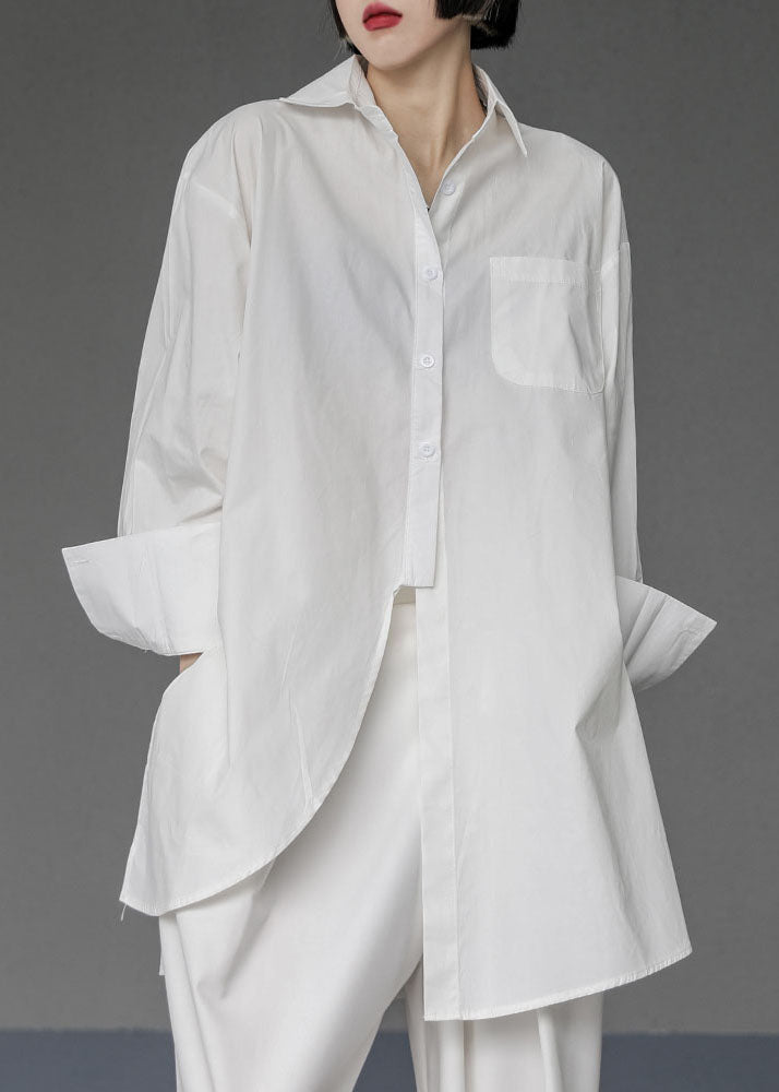 Unique White-Dot Asymmetrical Design Side Open Cotton Long Shirts Spring