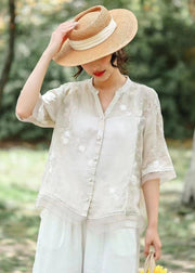 Unique White Embroideried Patchwork Linen Blouse Top Summer