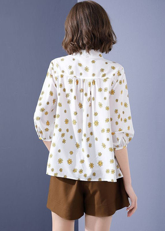 Unique White Hollow Out Patchwork Print Chiffon Blouse Tops Bracelet Sleeve