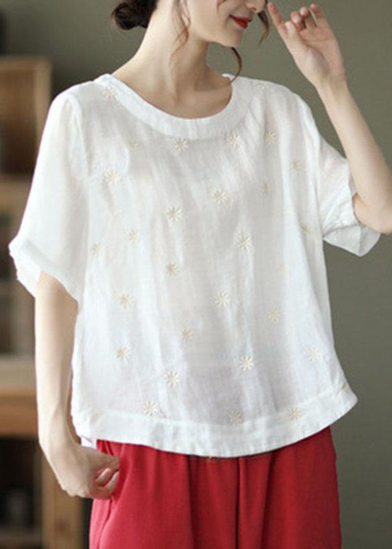 Unique White O-Neck Embroideried Summer Ramie Shirt Half Sleeve - bagstylebliss