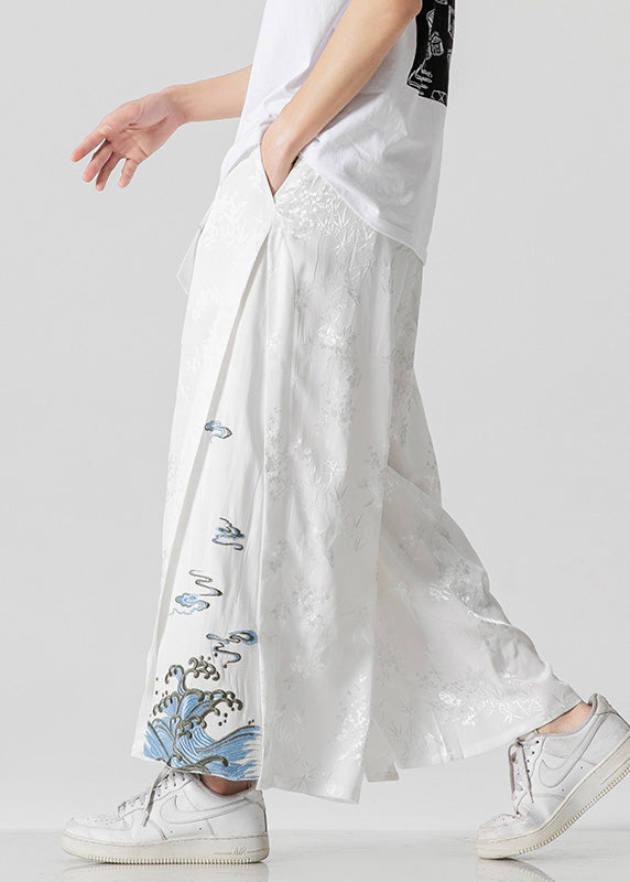 Unique White Oriental Embroideried Pockets Silk Mens Pants Summer