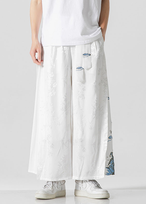 Unique White Oriental Embroideried Pockets Silk Mens Pants Summer