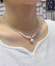 Unique White Pearl Zircon Broken Silver Pendant Necklace